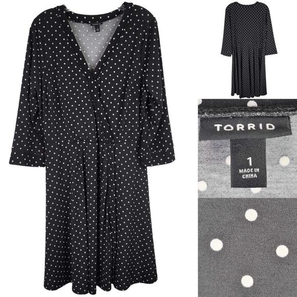 Torrid Faux Wrap Dress Jersey Knit Black White Polka Dot Print Womens Plus 1X - Picture 1 of 9